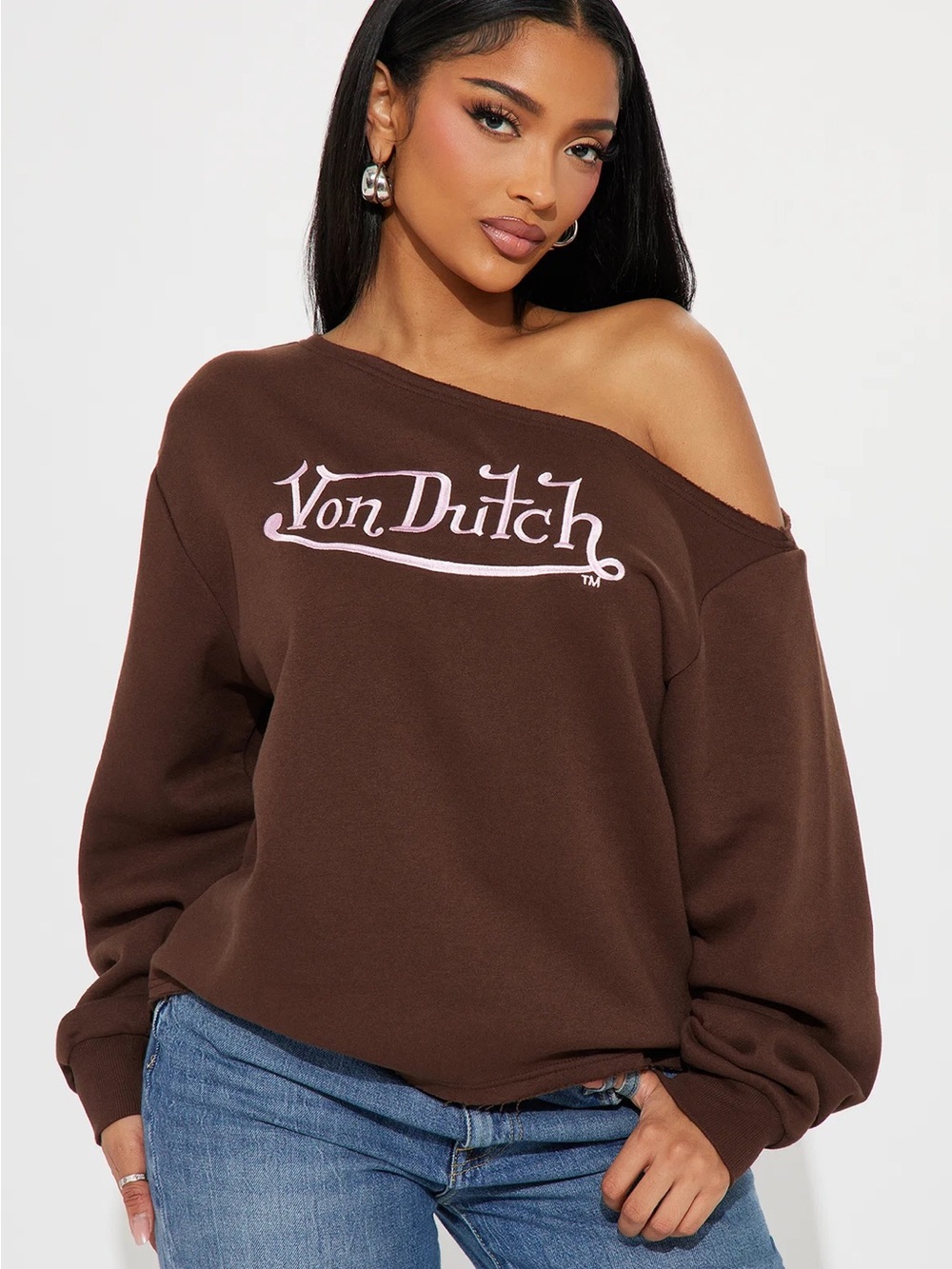 Von Dutch Brown Off-Shoulder Logo Sweatshirt with White Embroidered Script